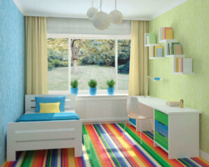 Colorful, modern bedroom illuminated by sleek slider windows