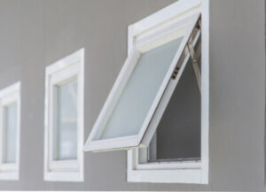 Exterior view of an opened awning window