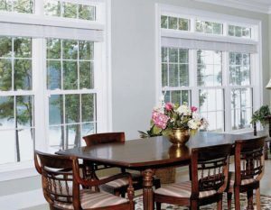 Stunning windows with white frames lining a dining room wall