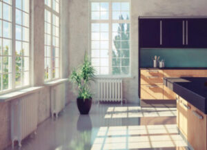An influx of natural light flooding through picture windows with uniform grid patterns 